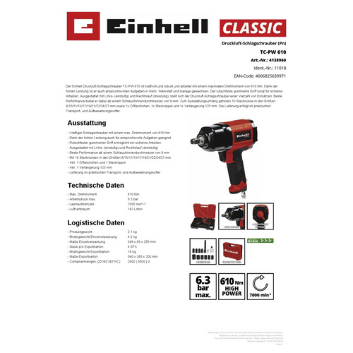 Thumbnail - EINHELL Druckluft-Schlagschrauber »TC-PW 610«, max. Drehmoment 610 Nm, rot - schwarz