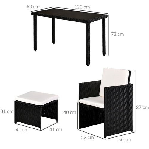 Outsunny Sitzgruppe, 4 Sitzplätze, Metall/Rattan/Polyester/gehärtetes Glas - schwarz