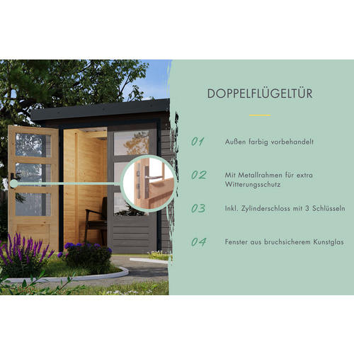 KARIBU Gartenhaus »Merkur B«, BxHxT: 432 x 209 x 213 cm (Außenmaße inkl. Dachüberstand), Wandstärke 19 mm - grau |  Fichte  |  8,52 m²