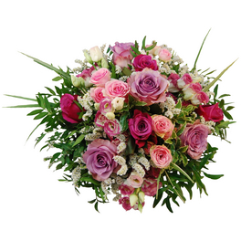 Blumenstrauß »Rosen, Lysianthus, Strandflieder«, Ø 32–36 cm