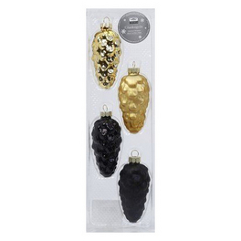 Weihnachtsanhänger Zapfen uni, 9 cm, black + gold, 4 Stück/Box