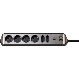 Ecksteckdosenleiste mit USB-Ladefunktion 6-fach 4x Schutzkontakt & 2x Euro silber/schwarz