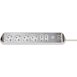 Ecksteckdosenleiste mit USB-Ladefunktion 6-fach 4x Schutzkontakt & 2x Euro silber/weiß