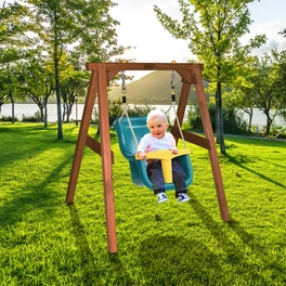 Babyschaukel Holz braun mit Sitz Türkis/gelb