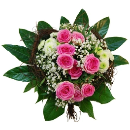 Blumenstrauß »Polyantha Rosen, Chrysanthemen, Schleierkraut«, Ø 28–32 cm