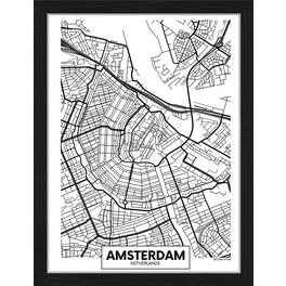 Digitaldruck »Stadtplan Amsterdam II«, Rahmen: Buchenholz, Schwarz
