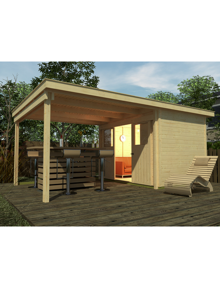 Weka Set: Gartenhaus Loungehaus Gr. 1, BxT: 504x295 cm, mit Anbau (300 cm breite) natur