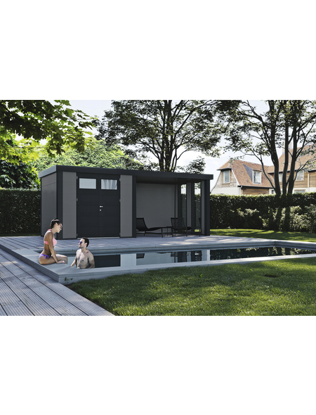 WOLFF FINNHAUS Gartenhaus »Eleganto 2724«, BxHxT: 552 x 227 x 238 cm, Metall, mit Lounge inkl. 2 Fenster rechts