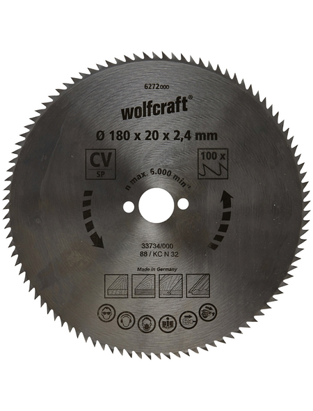 WOLFCRAFT Kreissägeblatt, Ø: 180 mm, 100 Zähne, Chrom-Vanadium-Stahl