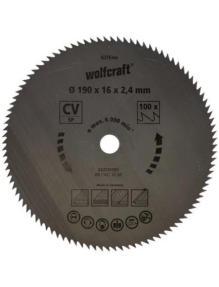 WOLFCRAFT Kreissägeblatt, Ø: 190 mm, 100 Zähne, Chrom-Vanadium-Stahl