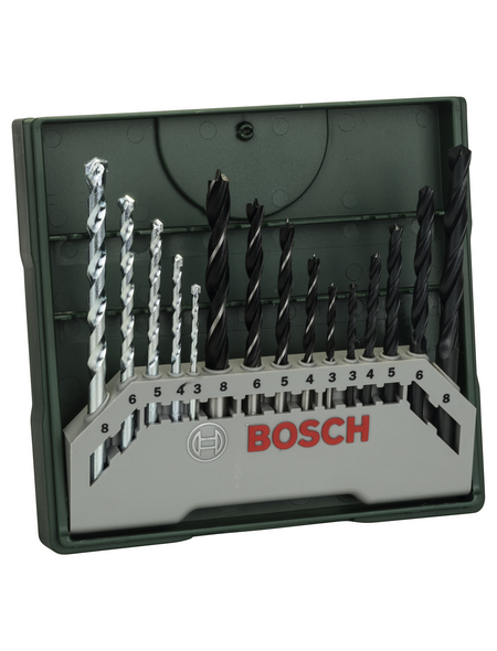 BOSCH Mini-X-Line Mixed-Set, 15-teilig, 5 Stein-, 5 Metall-, 5 Holzbohrer