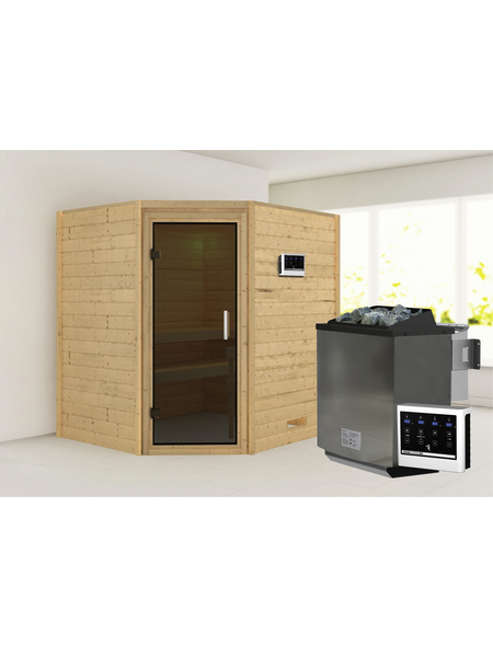 WOODFEELING Sauna »Mia«, inkl. 9 kW Bio-Kombi-Saunaofen mit externer Steuerung, für 3 Personen