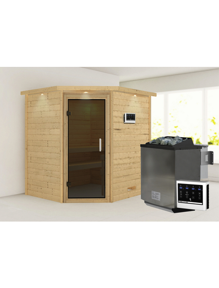 WOODFEELING Sauna »Mia«, inkl. 9 kW Bio-Kombi-Saunaofen mit externer Steuerung, für 3 Personen
