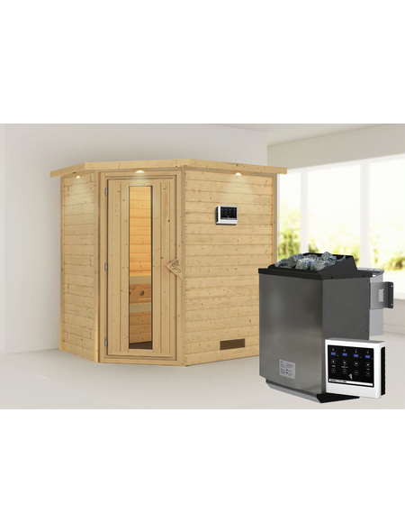 WOODFEELING Sauna »Svea«, inkl. 9 kW Bio-Kombi-Saunaofen mit externer Steuerung, für 3 Personen