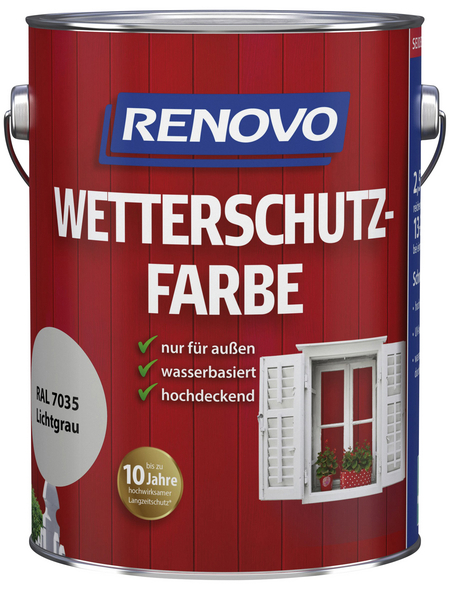 RENOVO Wetterschutzfarbe, für außen, 2,5 l, Lichtgrau, seidenglänzend RENOVO Wetterschutzfarbe, für außen, 2,5 l, Lichtgrau, seidenglänzend