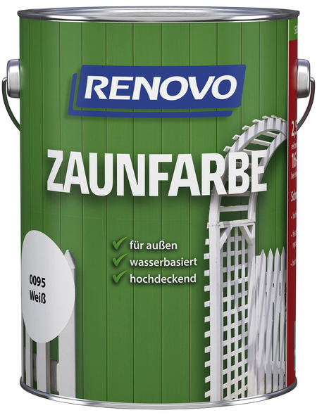 RENOVO Zaunfarbe, für außen, 2,5 l, weiß, seidenmatt RENOVO Zaunfarbe, für außen, 2,5 l, weiß, seidenmatt